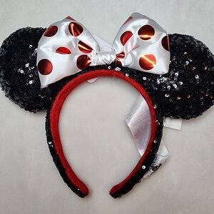 Disney Parks Minnie Mouse Black Sequin Red White Polka Bow Ears Headband